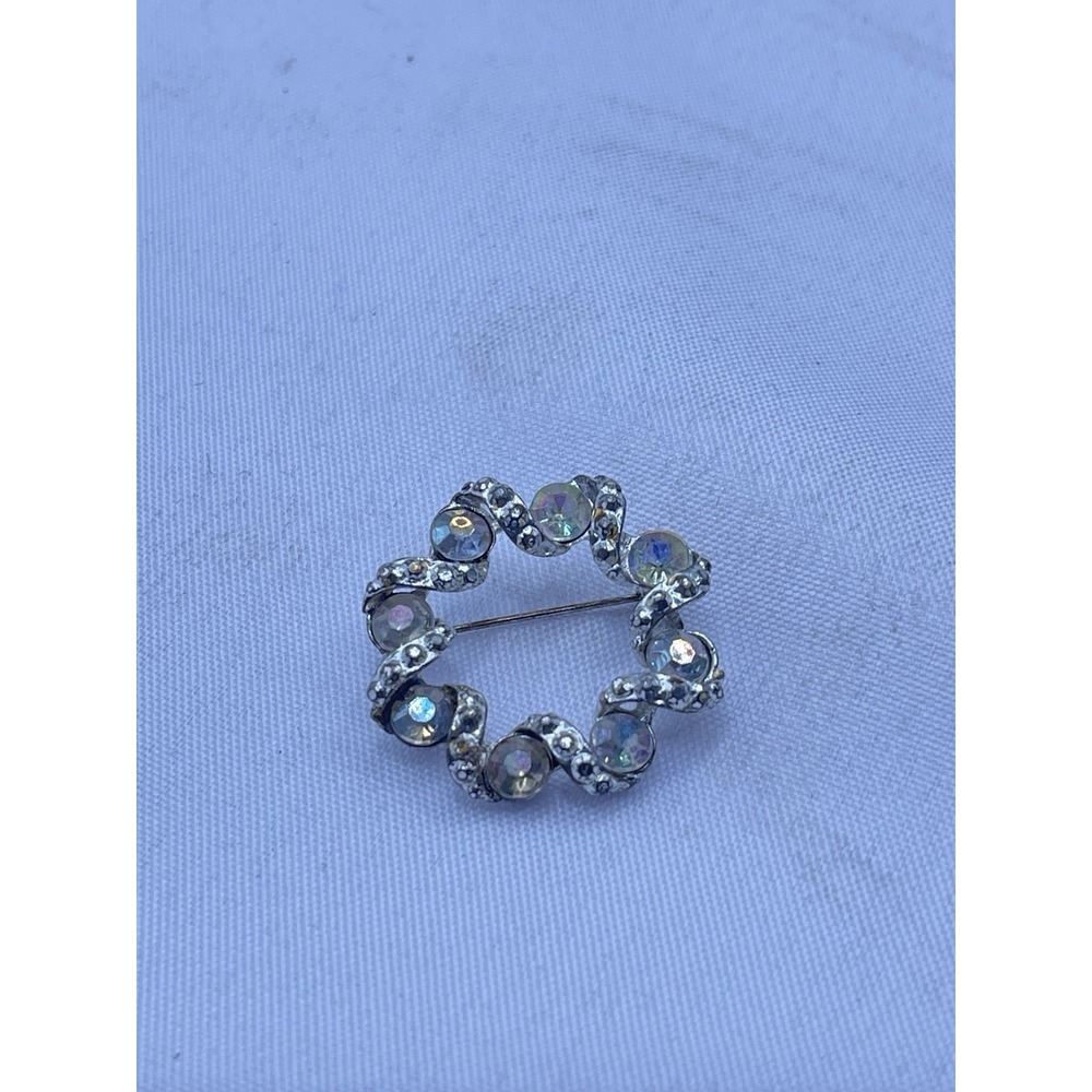 Vintage Open Round Circle Brooch Clear Colors. Rhinestones Silver Plated B36